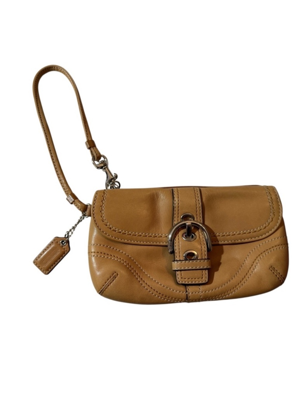 Coach Camel/Tan Leather Wristlet Clutch with Buckle Accent